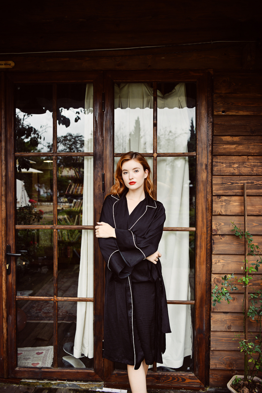 Contrast Piping Kimono Silk Robe