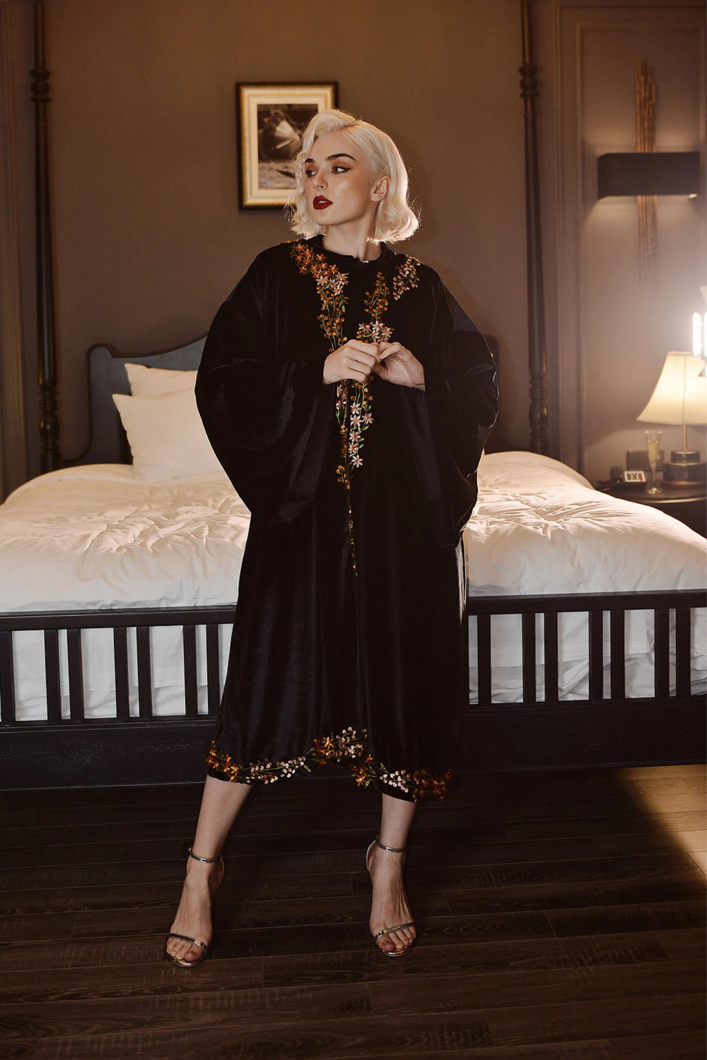 ALEXIS Flower Embroidered Velvet Robe