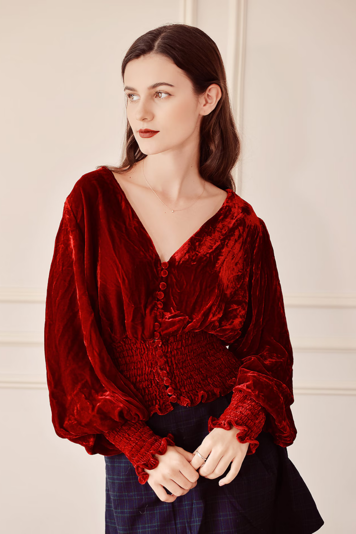 YVIE Velvet Elastic Waist Blouse