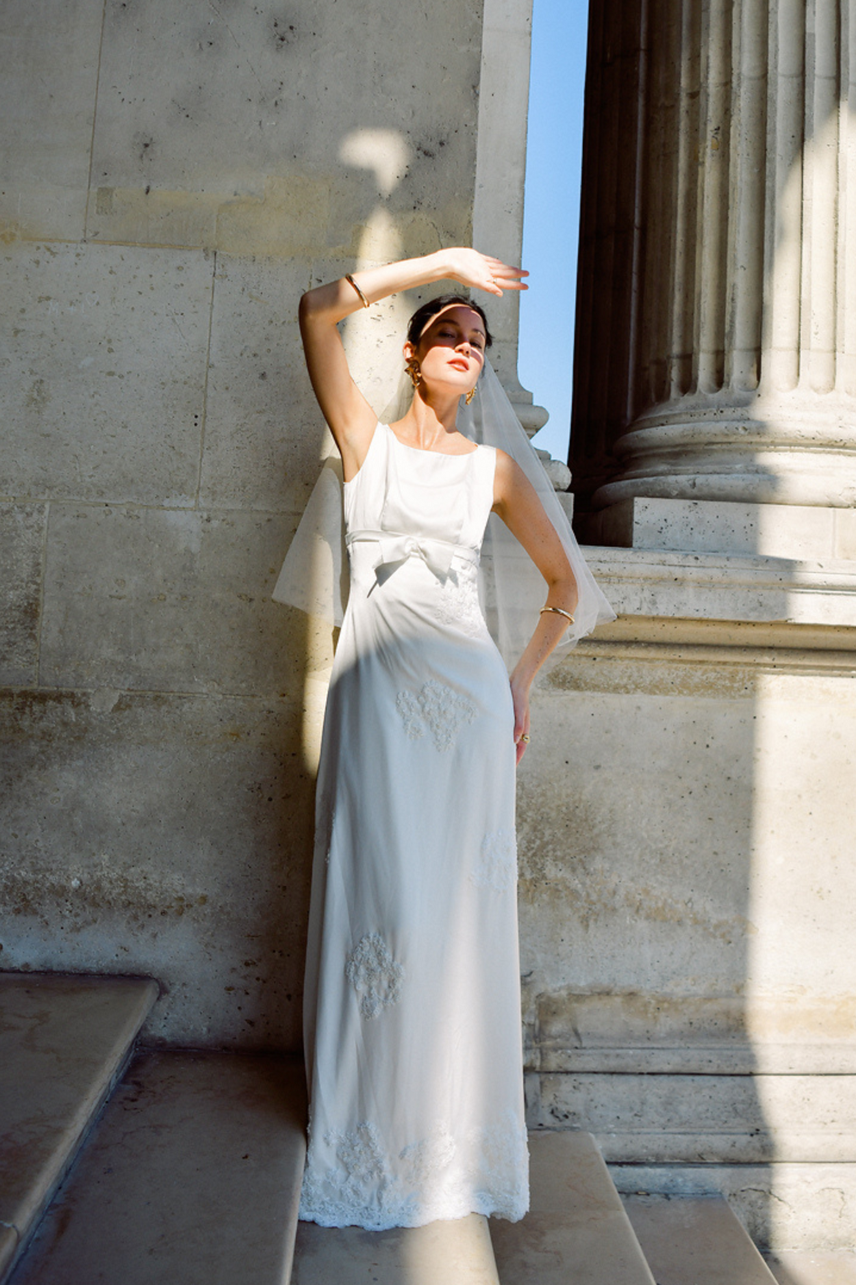 Ìnes Charmeuse Silk Wedding Dress with Bow and Embellishment