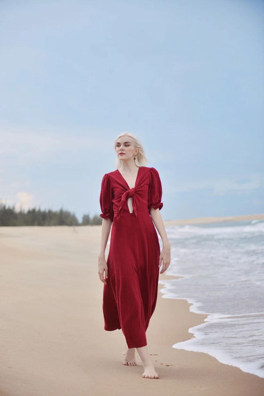 Red Linen Dress - Midi Linen Dress - Bow Tie Linen Dress