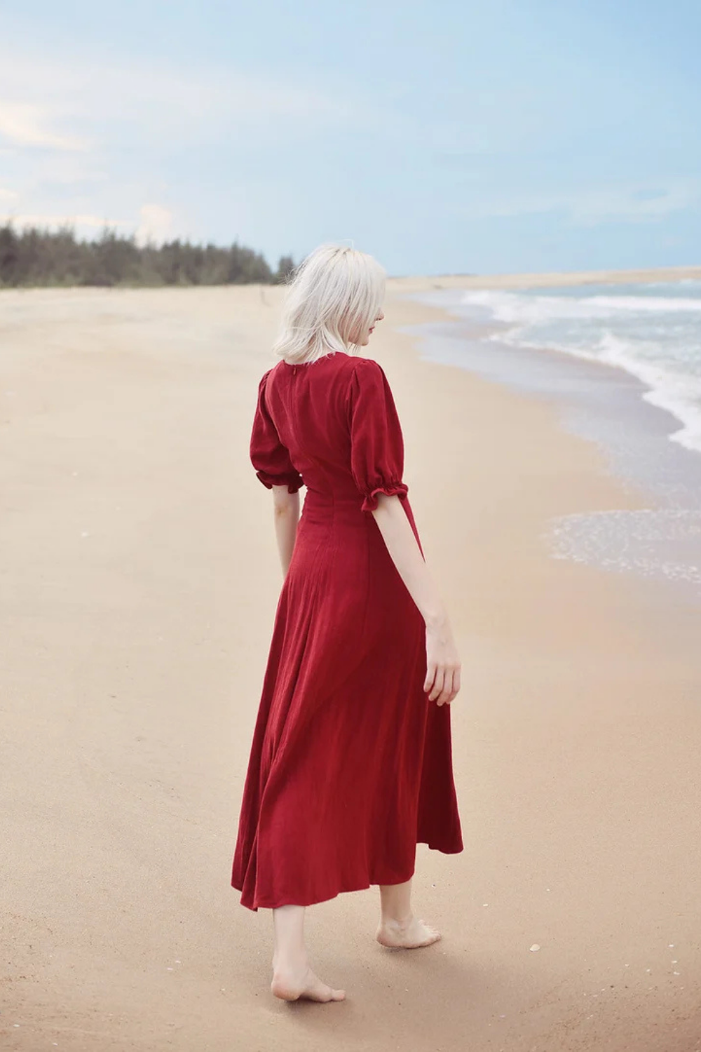 Red Linen Dress - Midi Linen Dress - Bow Tie Linen Dress