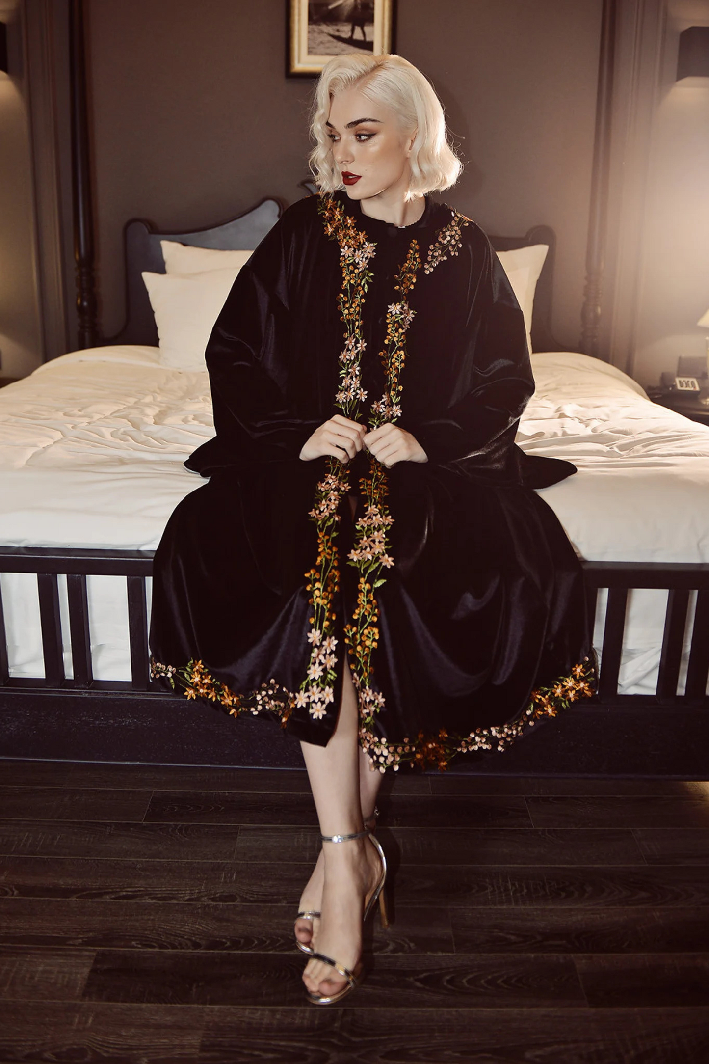 ALEXIS Flower Embroidered Velvet Robe