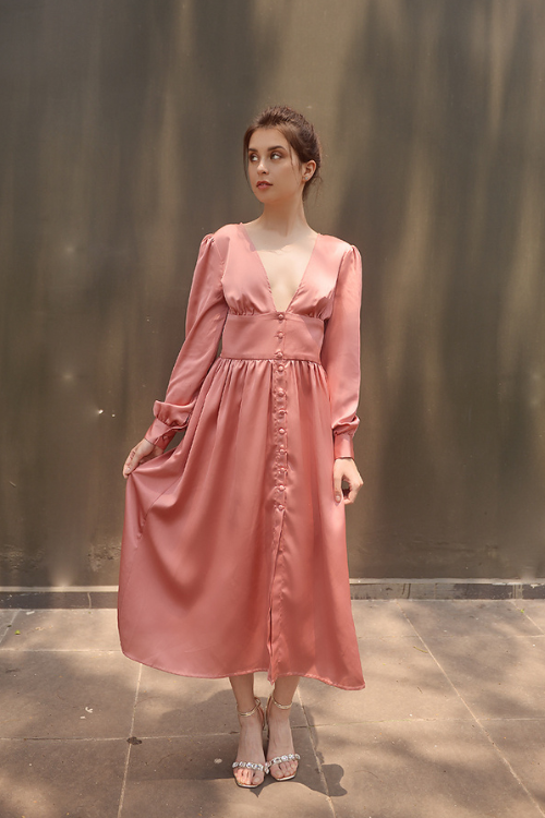 Salmon Pink Silk Dress - Women Midi Dress - Silk Prom Dress - Silk Dress - Mulberry Dress