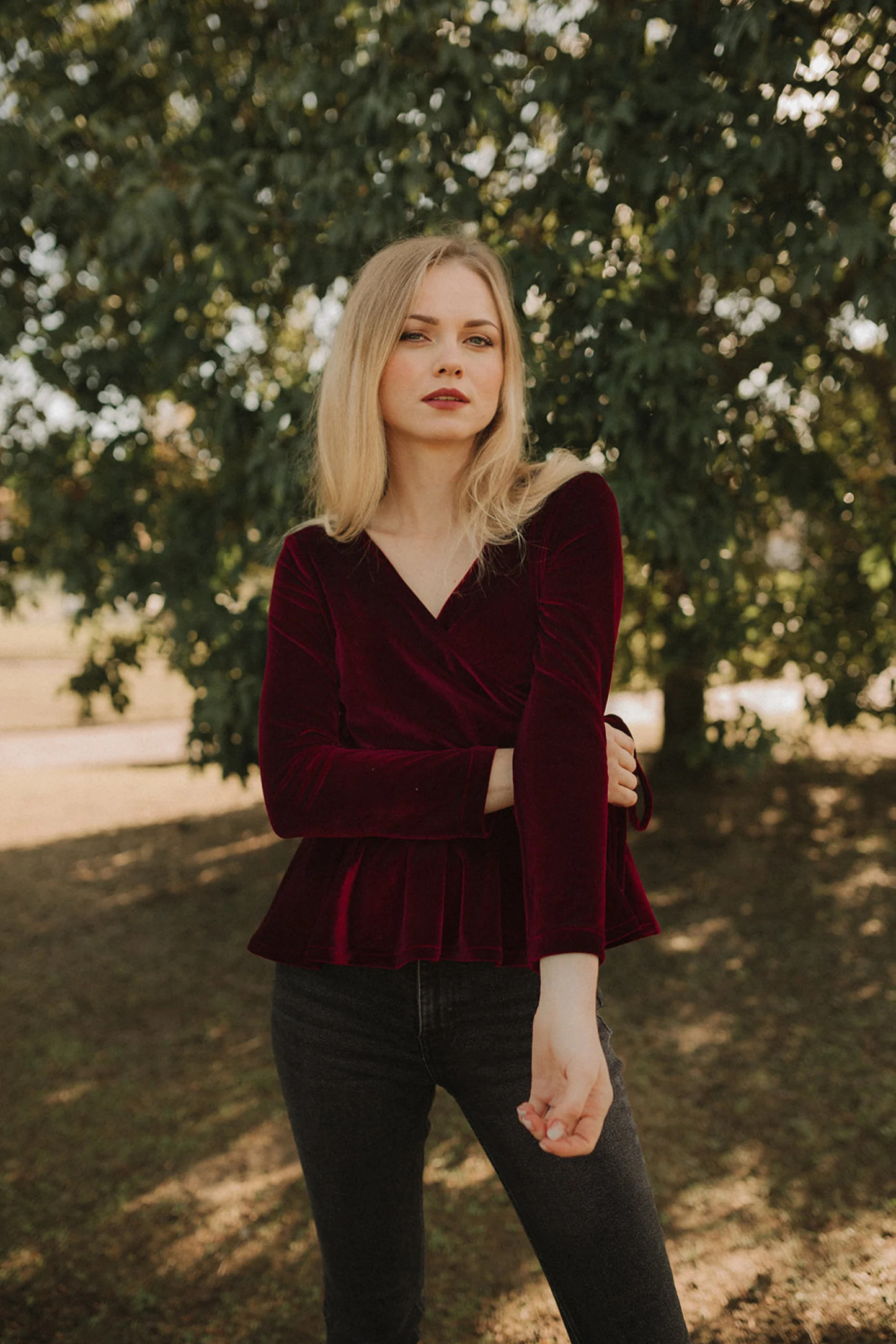 MONET Velvet Long Sleeve Wrap Top