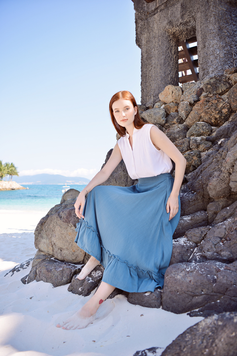 Organic Cotton Linen Midi Skirt with Ruffled Flounce Hem