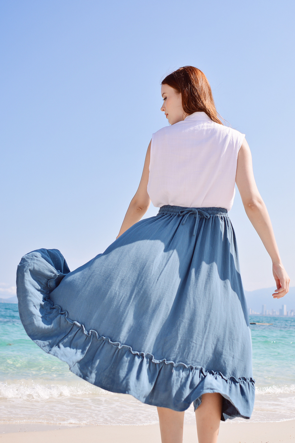 Organic Cotton Linen Midi Skirt with Ruffled Flounce Hem