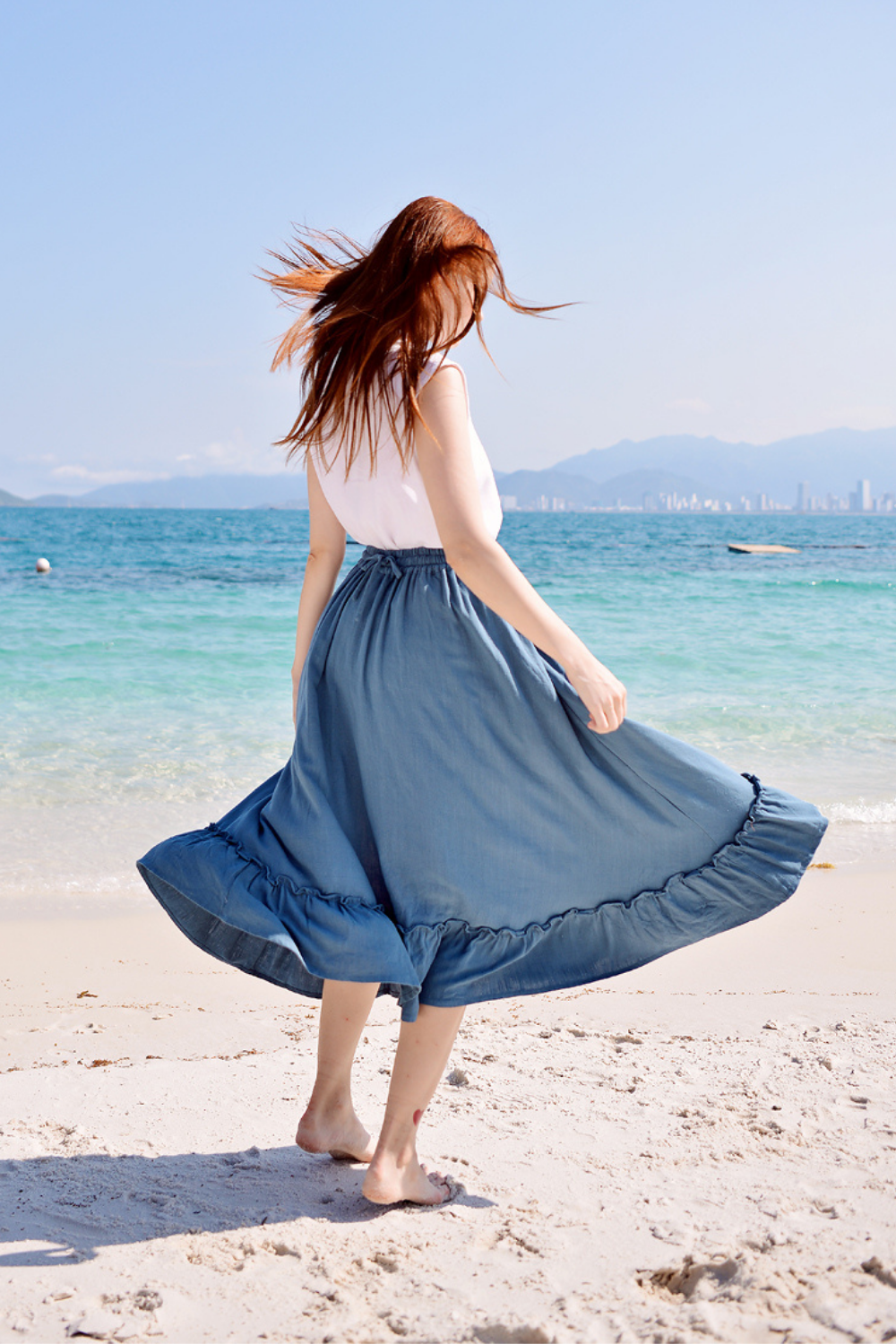 Organic Cotton Linen Midi Skirt with Ruffled Flounce Hem