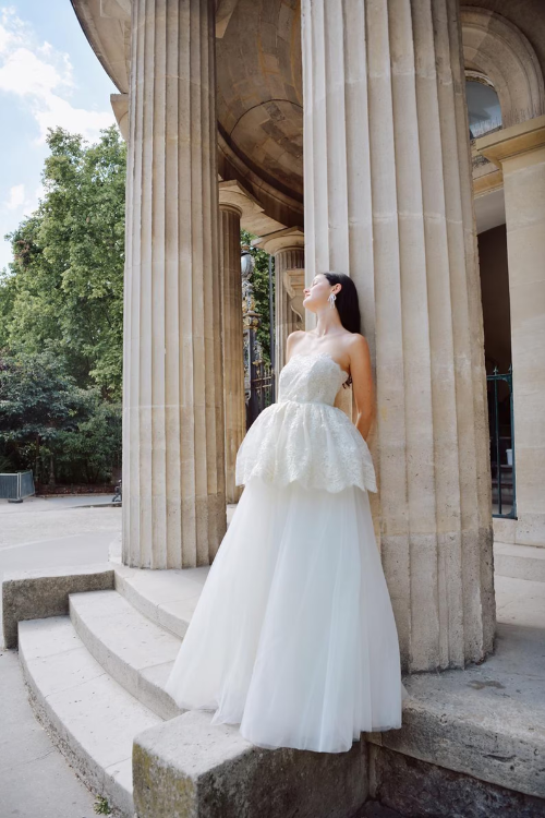 Sylvie Basque Waist Wedding Dress in Lace and Organza