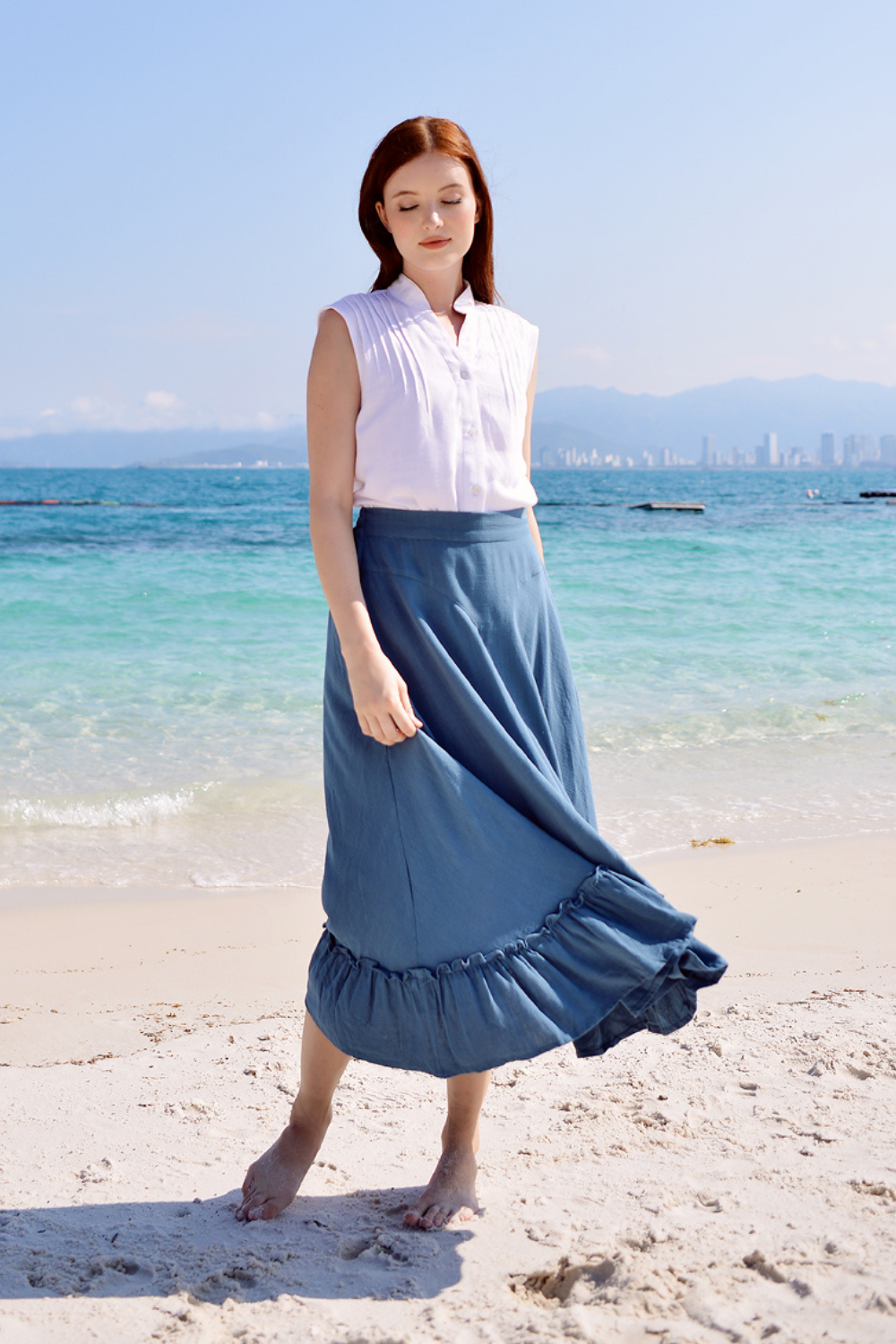 Organic Cotton Linen Midi Skirt with Ruffled Flounce Hem