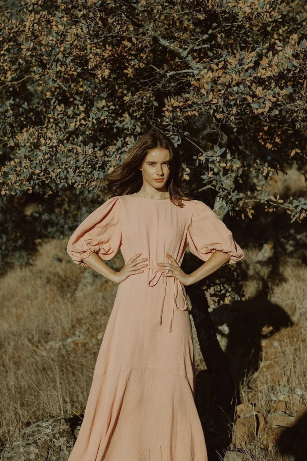 Linen Maxi Dress with Balloon Sleeves