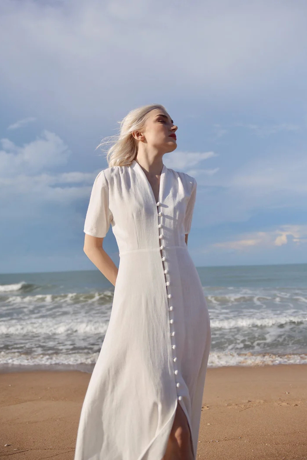 Sleeves Linen Long Dress - White Linen Dress - Organic Clothing - Long Cotton Dress - Wedding Guest Dress