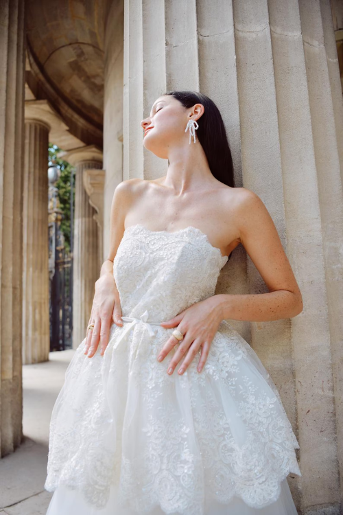 Sylvie Basque Waist Wedding Dress in Lace and Organza