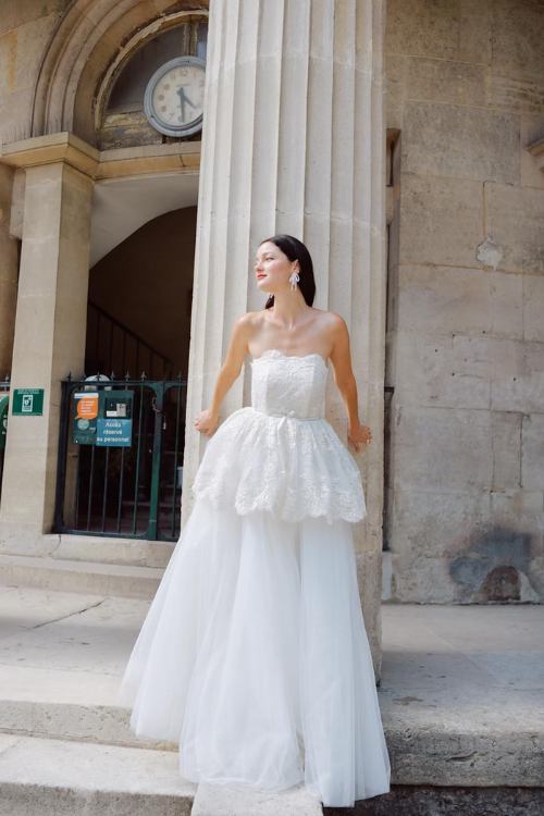 Sylvie Basque Waist Wedding Dress in Lace and Organza