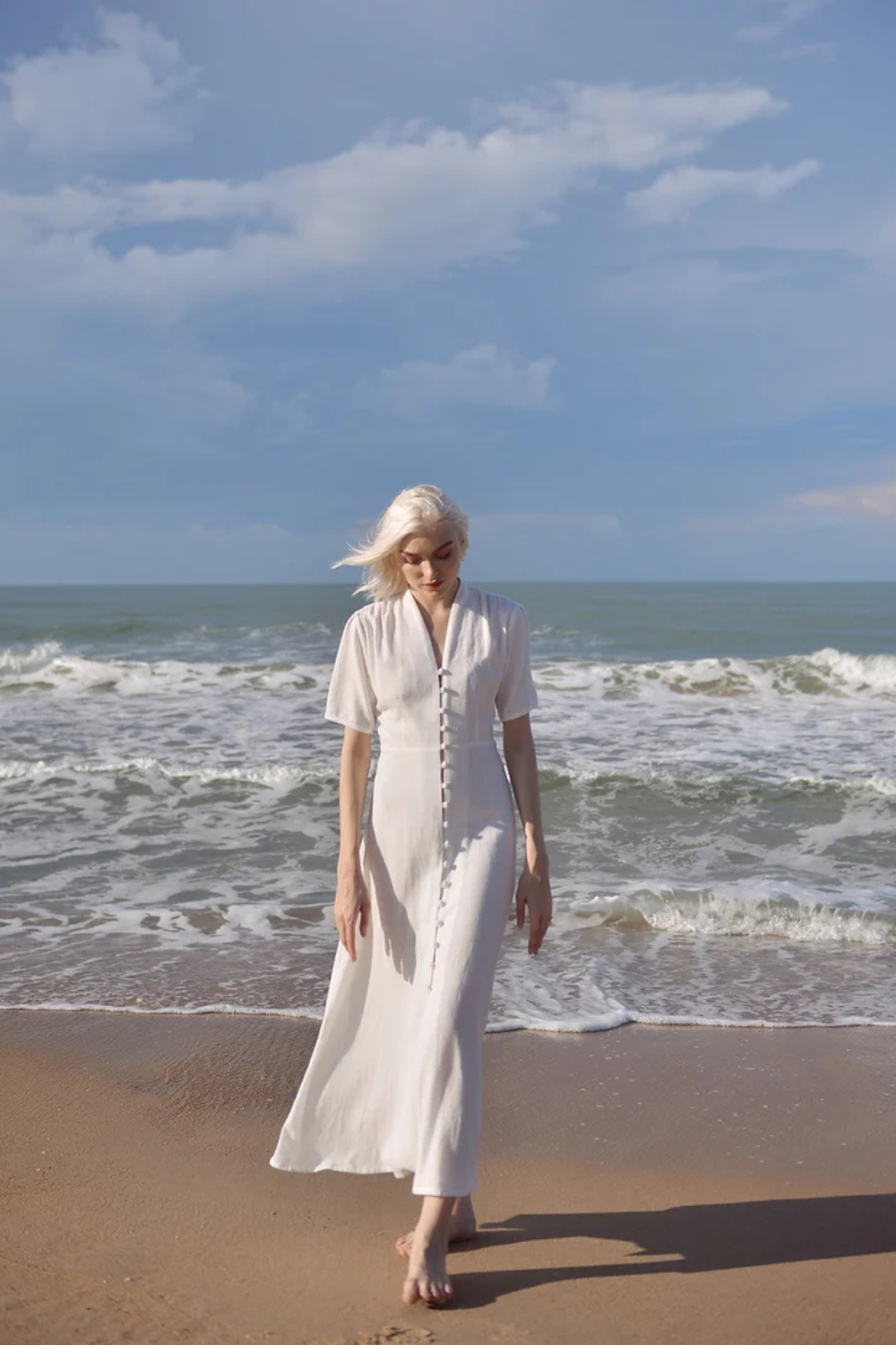 Sleeves Linen Long Dress - White Linen Dress - Organic Clothing - Long Cotton Dress - Wedding Guest Dress