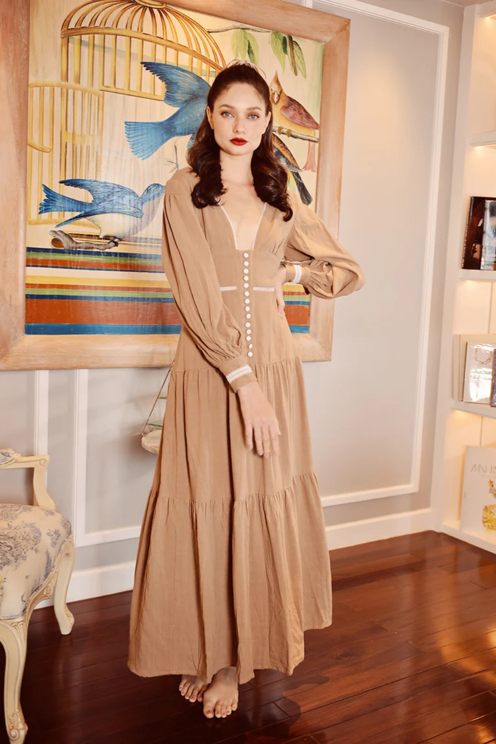 Linen Maxi Dress with Contrast Trim