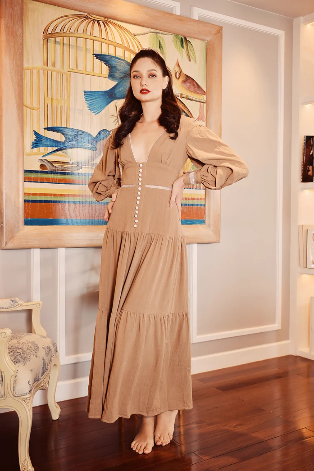 Linen Maxi Dress with Contrast Trim
