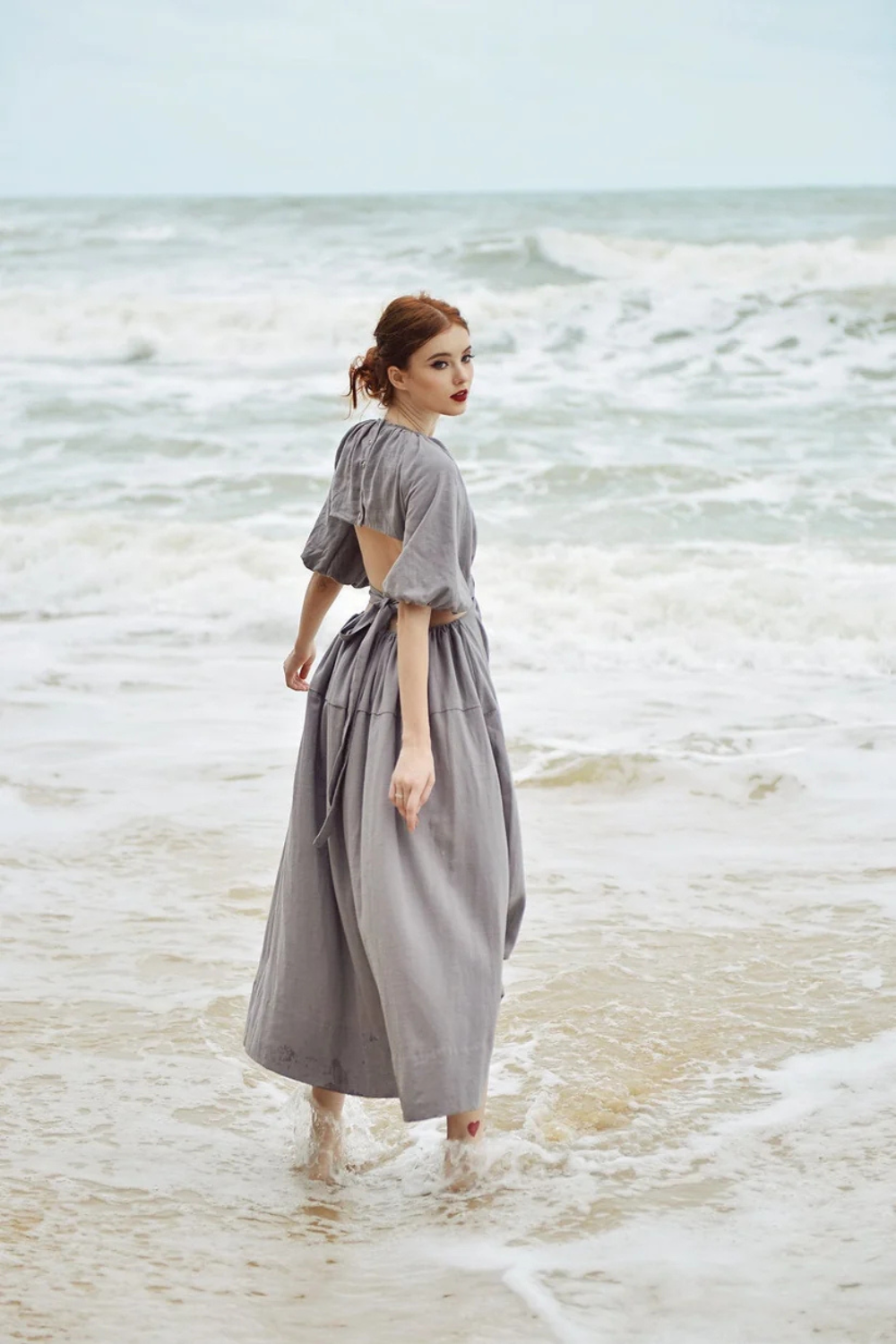 Open Back Linen Sundress - Linen Summer Maxi Dress - Backless Cotton Dress - Balloon Sleeves Dress - Bridesmaids Dress
