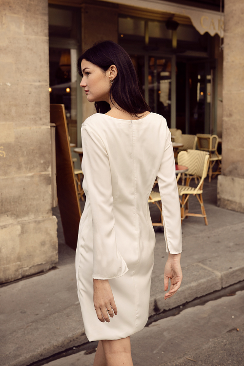 Silk Dress White Bell Sleeve - Women Mini Silk Dress - Cowl Neck Dress - Silk Dress - Mulberry Silk Dress