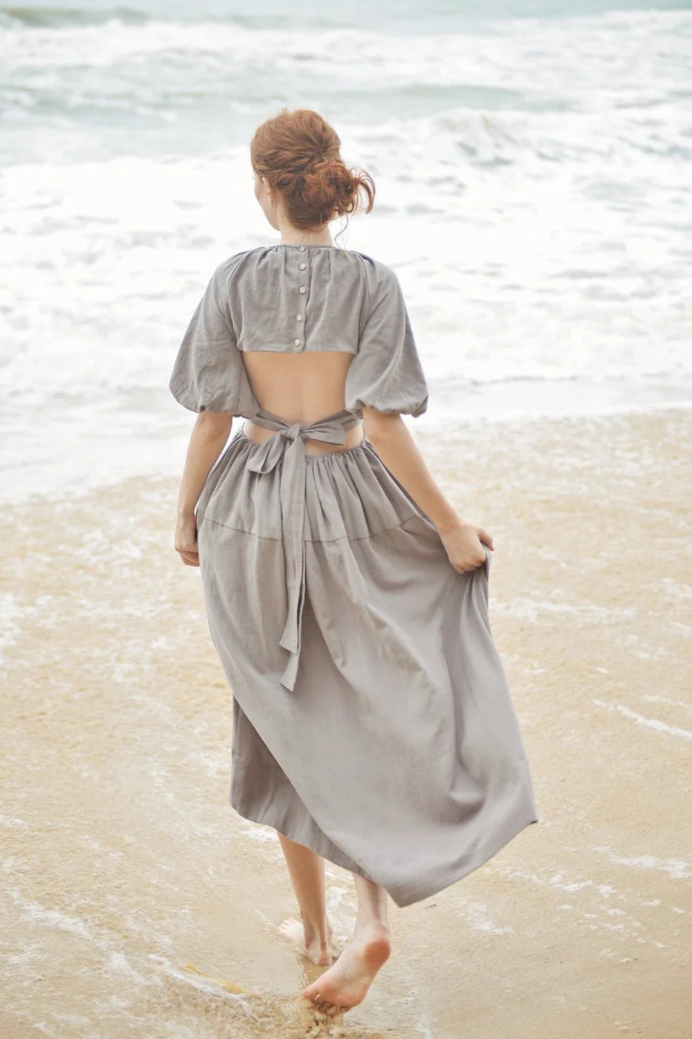 Open Back Linen Sundress - Linen Summer Maxi Dress - Backless Cotton Dress - Balloon Sleeves Dress - Bridesmaids Dress