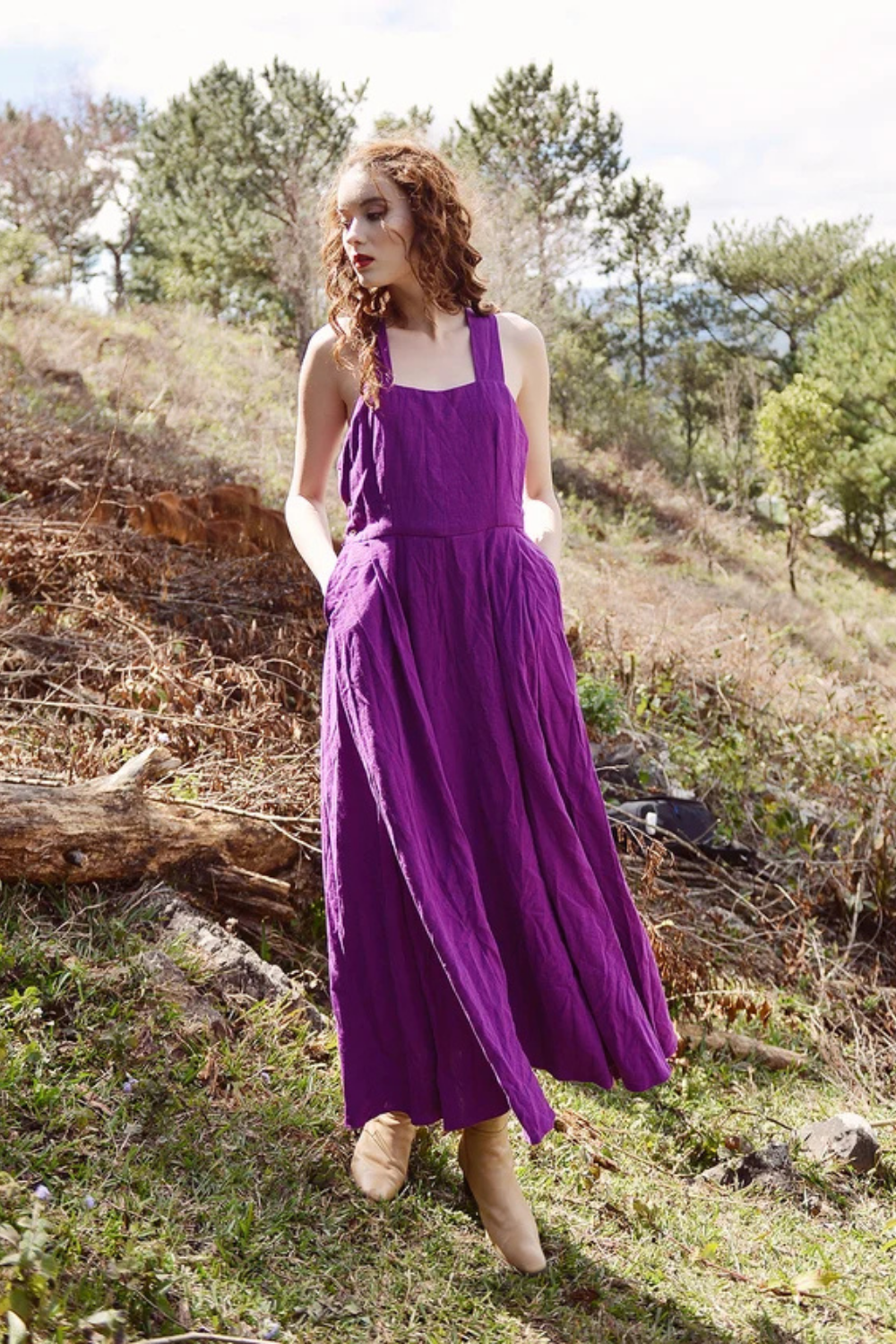 Cotton Linen Pinafore Maxi Dress with Pockets