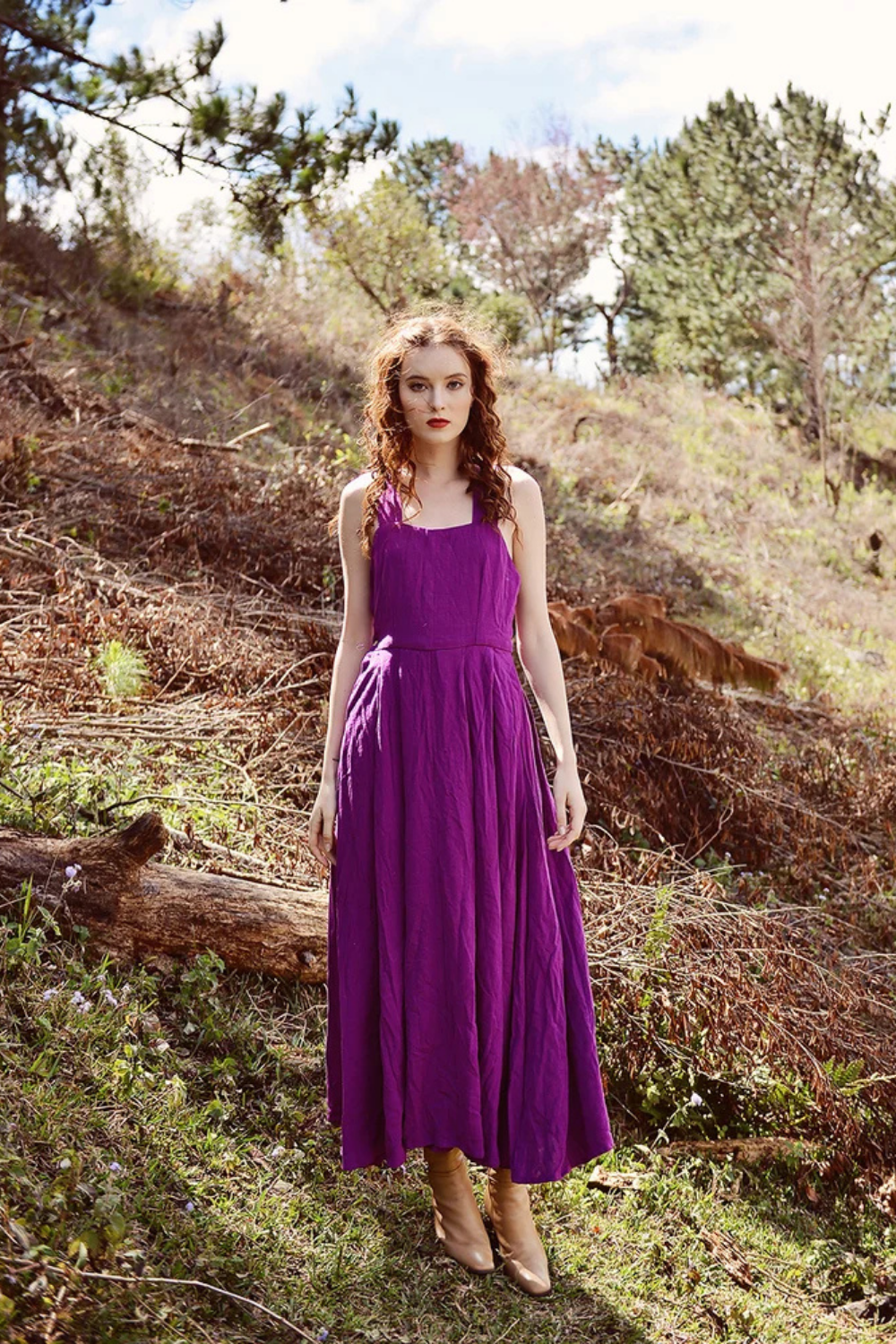 Cotton Linen Pinafore Maxi Dress with Pockets