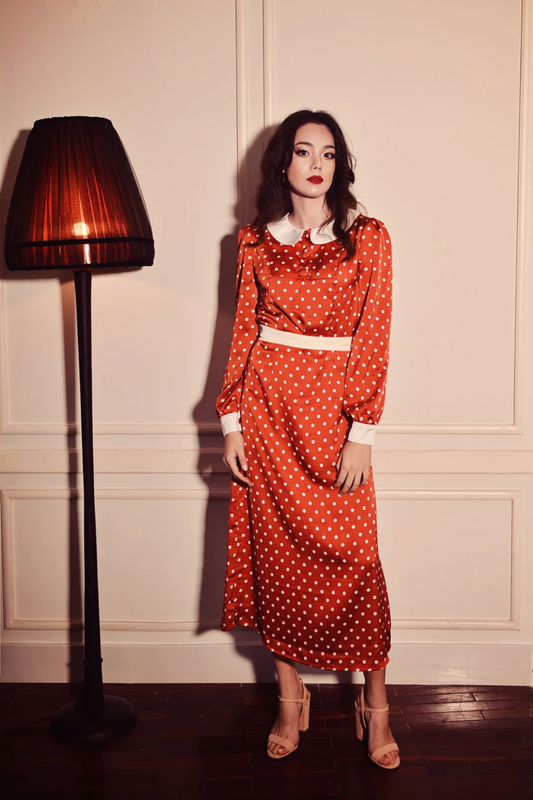 Vintage Style Silk Dress - Polka Dot Dress - Long Silk Dress