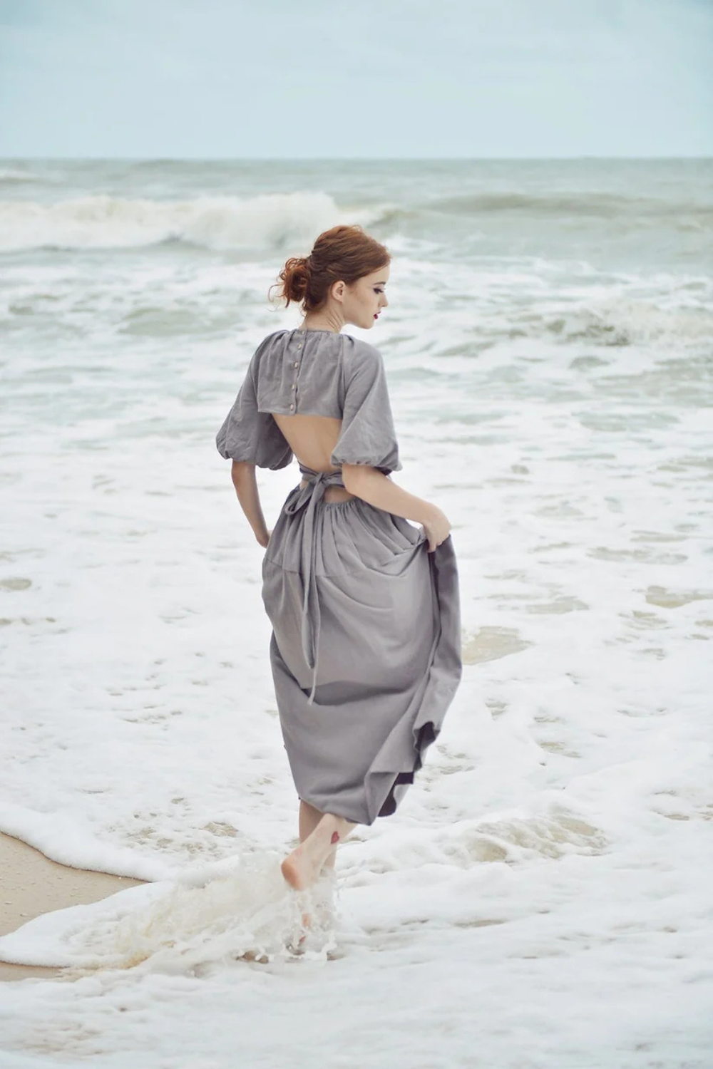 Open Back Linen Sundress - Linen Summer Maxi Dress - Backless Cotton Dress - Balloon Sleeves Dress - Bridesmaids Dress