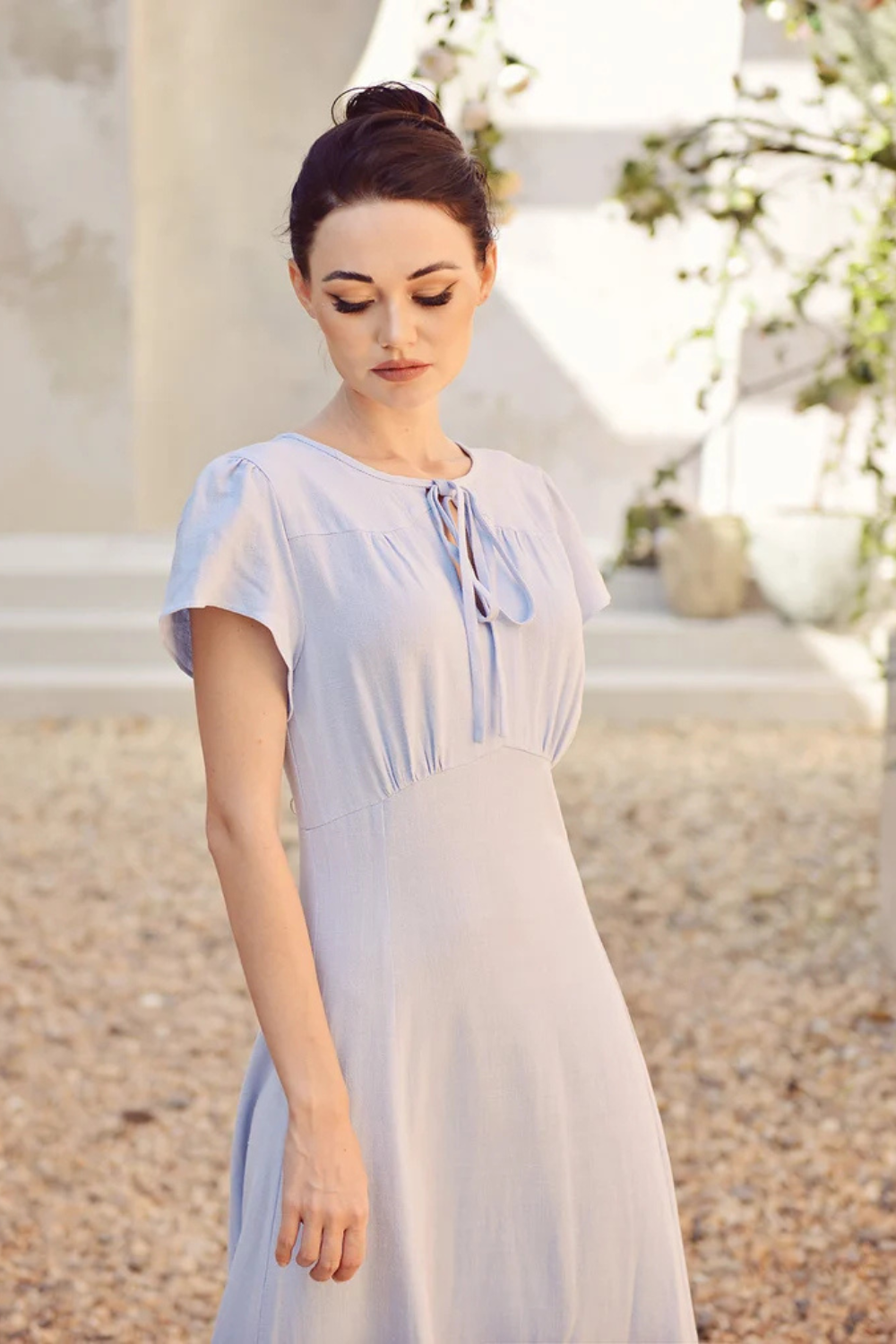 Soft Linen Dress Short Sleeve - Cotton A-line Dress with Keyhole