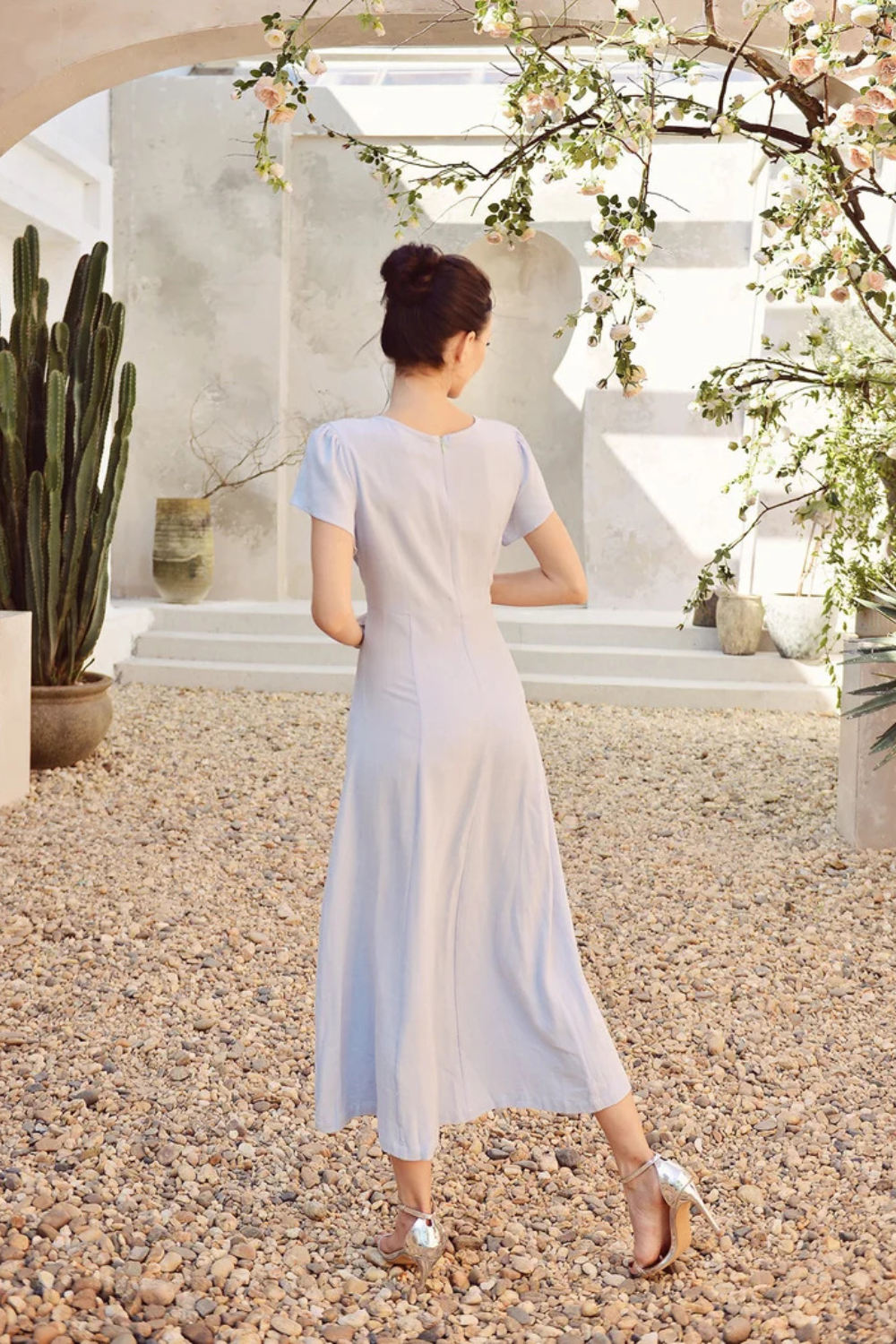 Soft Linen Dress Short Sleeve - Cotton A-line Dress with Keyhole
