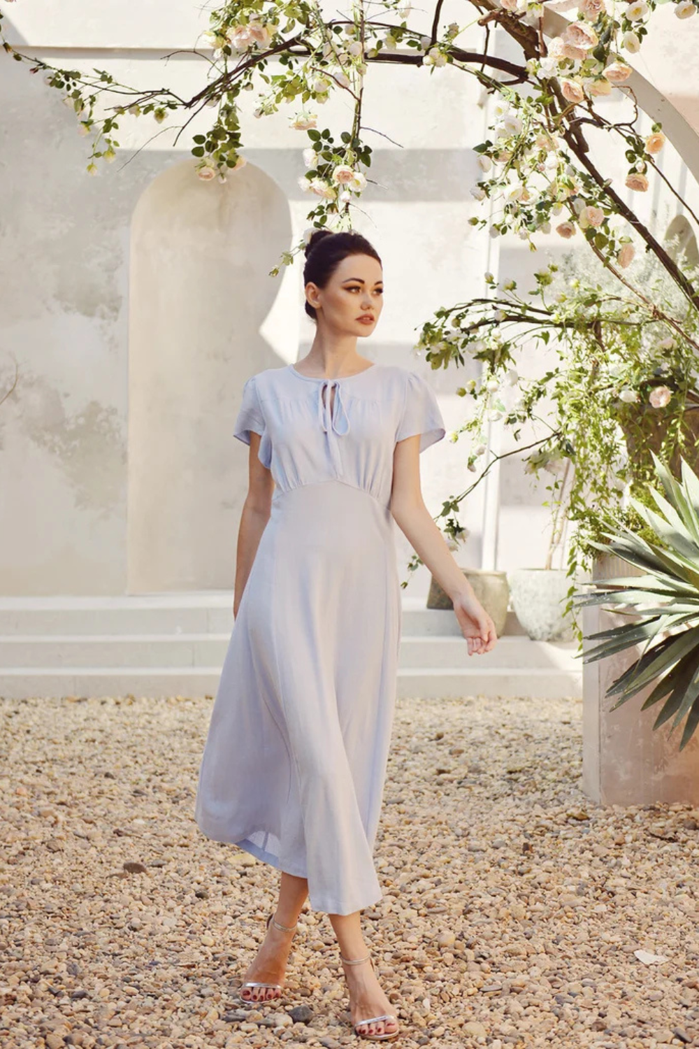 Soft Linen Dress Short Sleeve - Cotton A-line Dress with Keyhole