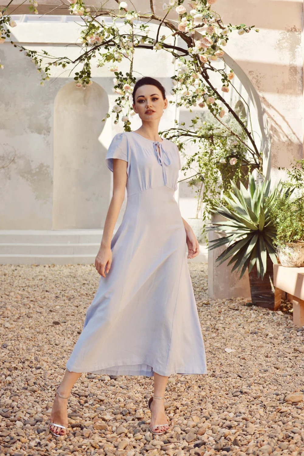 Soft Linen Dress Short Sleeve - Cotton A-line Dress with Keyhole