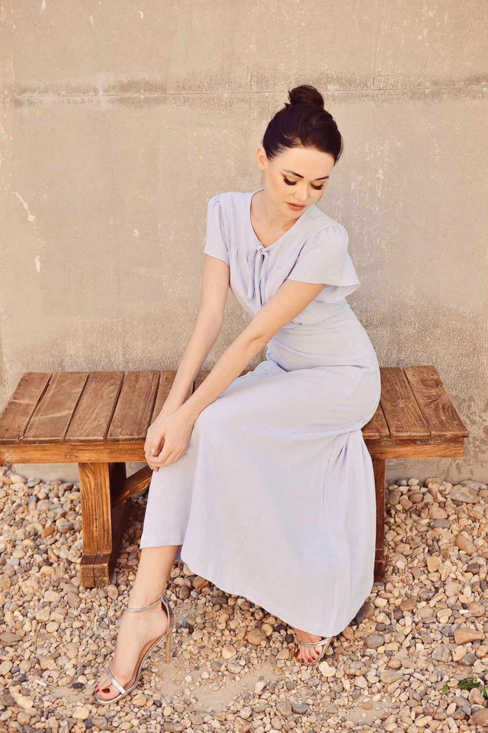 Soft Linen Dress Short Sleeve - Cotton A-line Dress with Keyhole