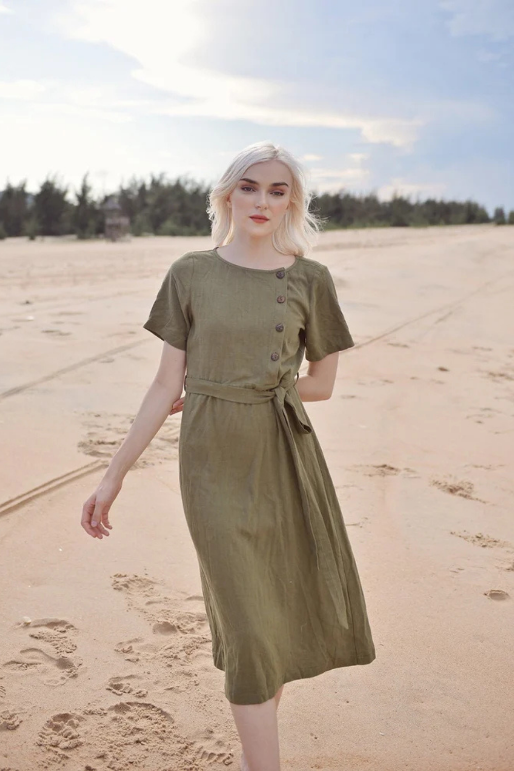 Linen Dress with Buttons - Midcalf Linen Dress - Long Linen Summer Dress
