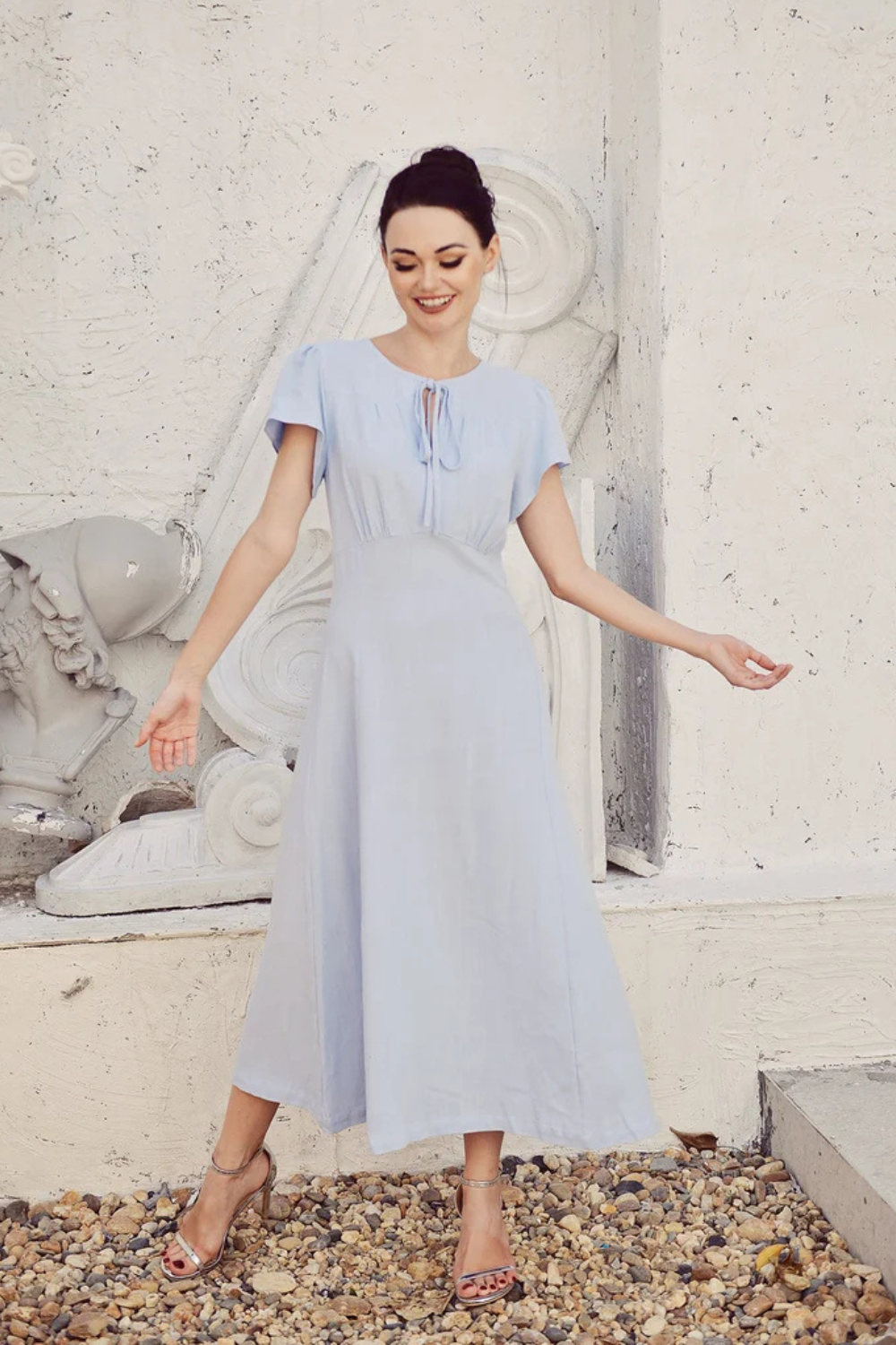 Soft Linen Dress Short Sleeve - Cotton A-line Dress with Keyhole