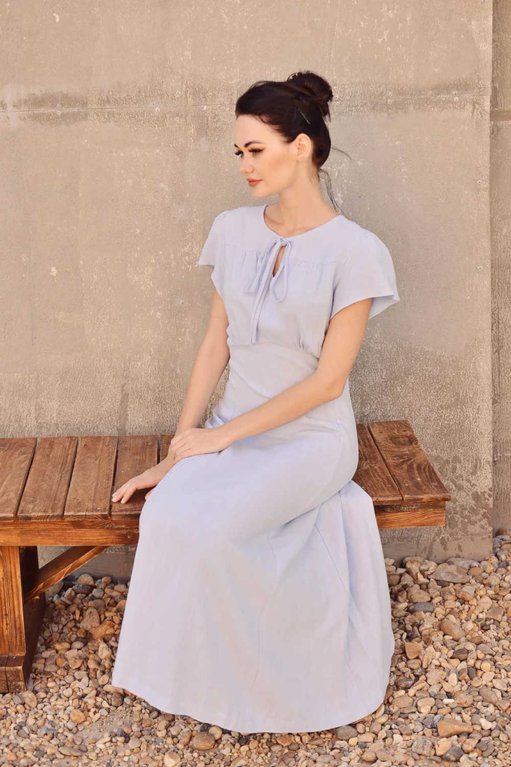 Soft Linen Dress Short Sleeve - Cotton A-line Dress with Keyhole