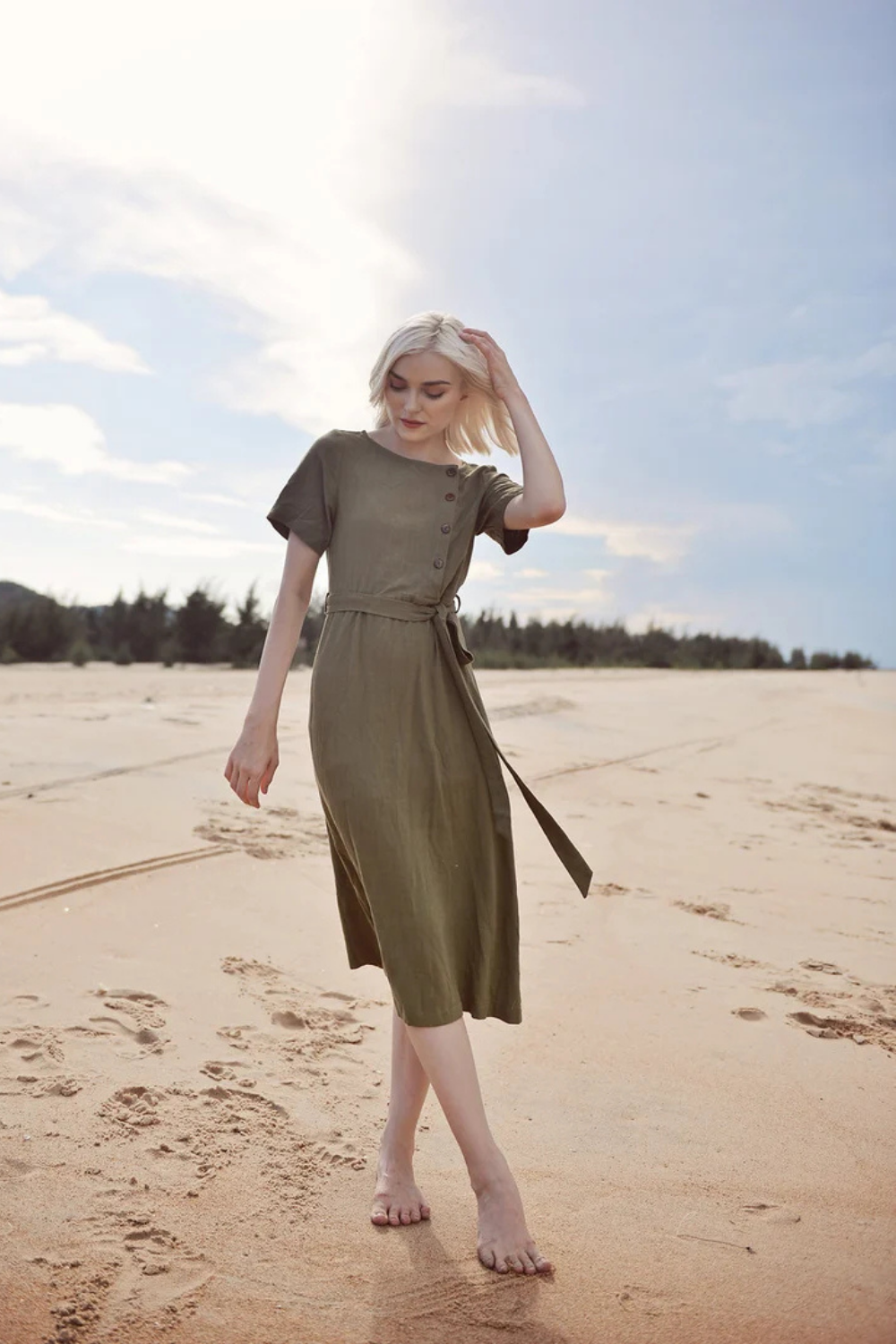 Linen Dress with Buttons - Midcalf Linen Dress - Long Linen Summer Dress