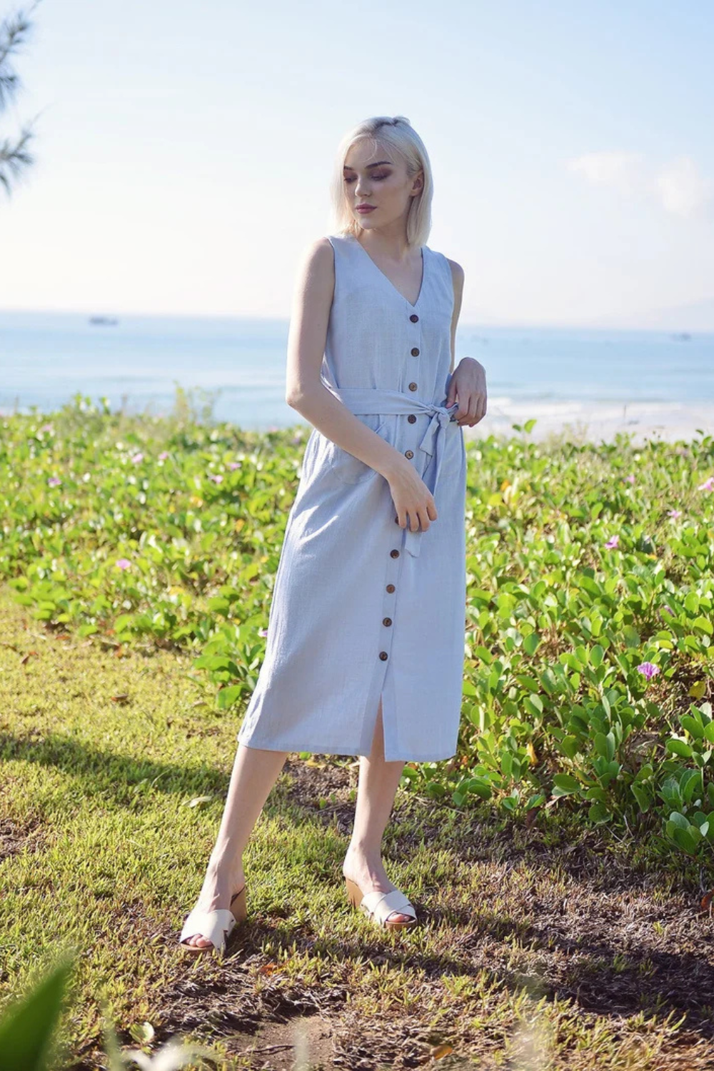 Linen Cotton Midi Dress - Summer Linen Dress - Button Linen Dress - Organic Cotton Dress - Women Cotton Dress