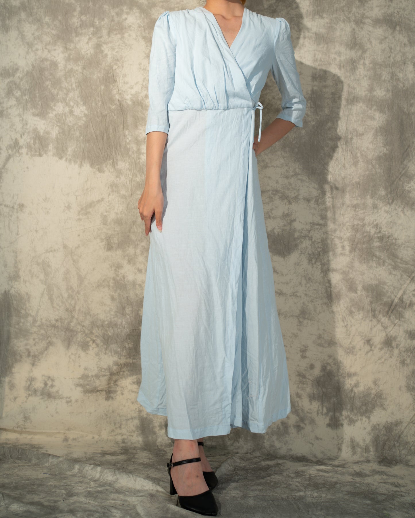 Linen Cotton Wrap Summer Dress- Lily Blue