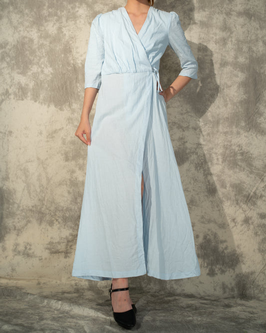 Linen Cotton Wrap Summer Dress- Lily Blue