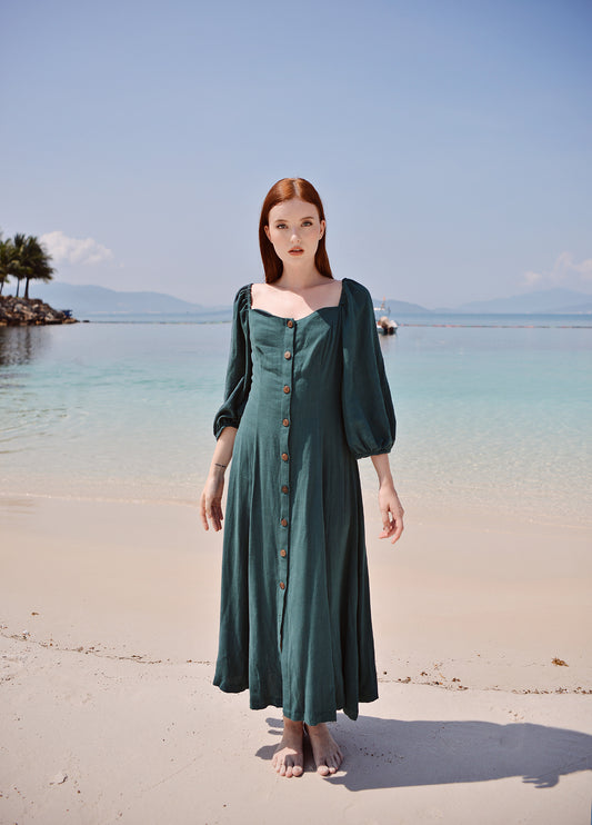 Isla Long Linen Dress - Cottagecore Inspired Puff Sleeves Long Linen Dress