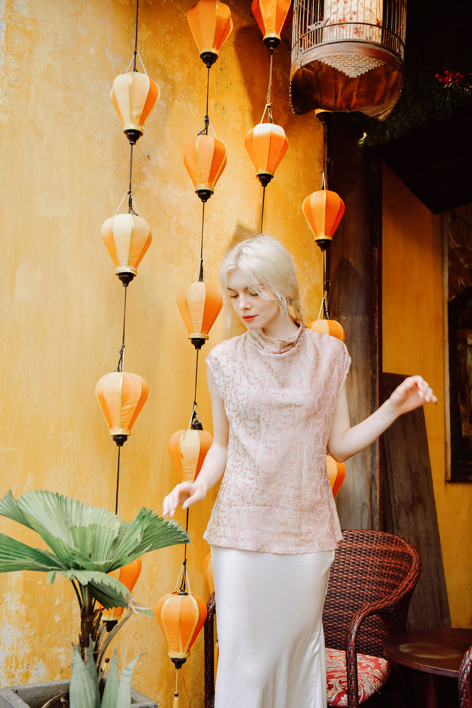 Valérie Heritage Mulberry Silk Blouse with Rose Gold Brocade