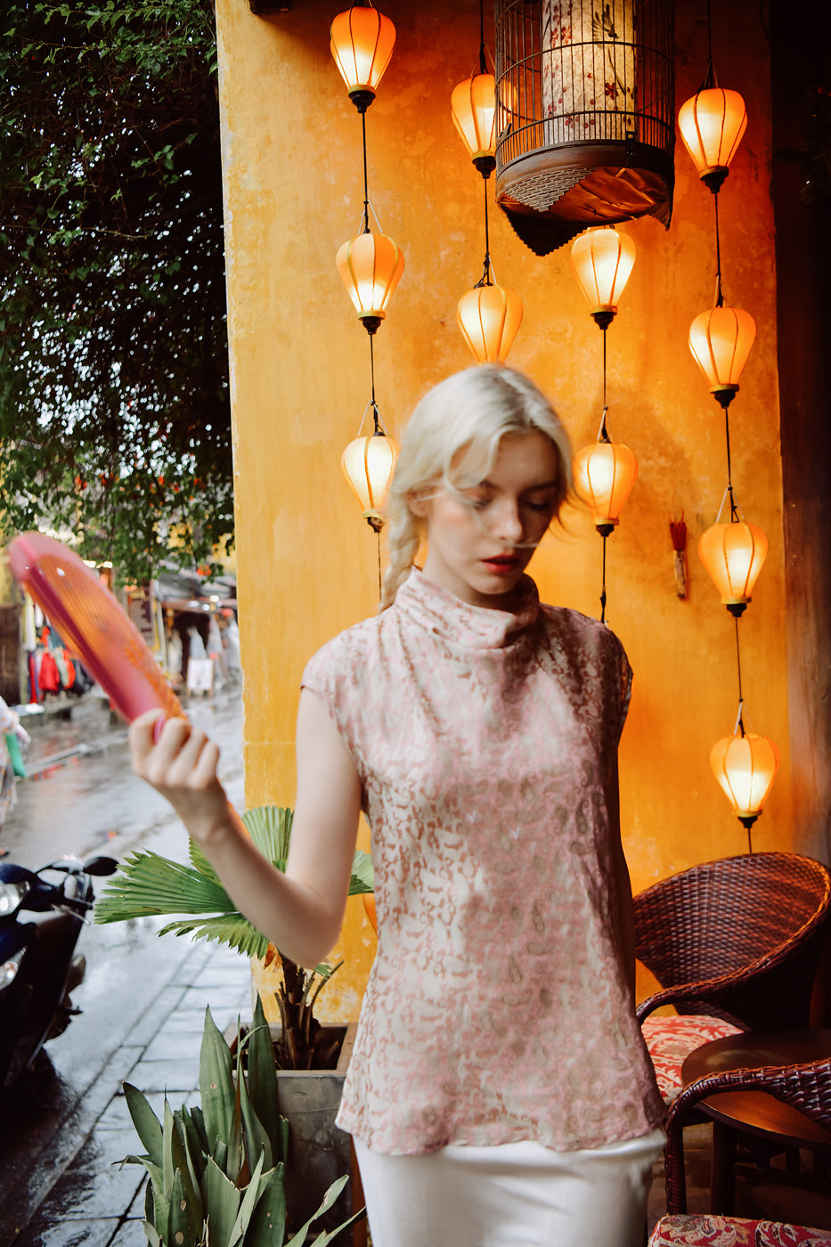 Valérie Heritage Mulberry Silk Blouse with Rose Gold Brocade