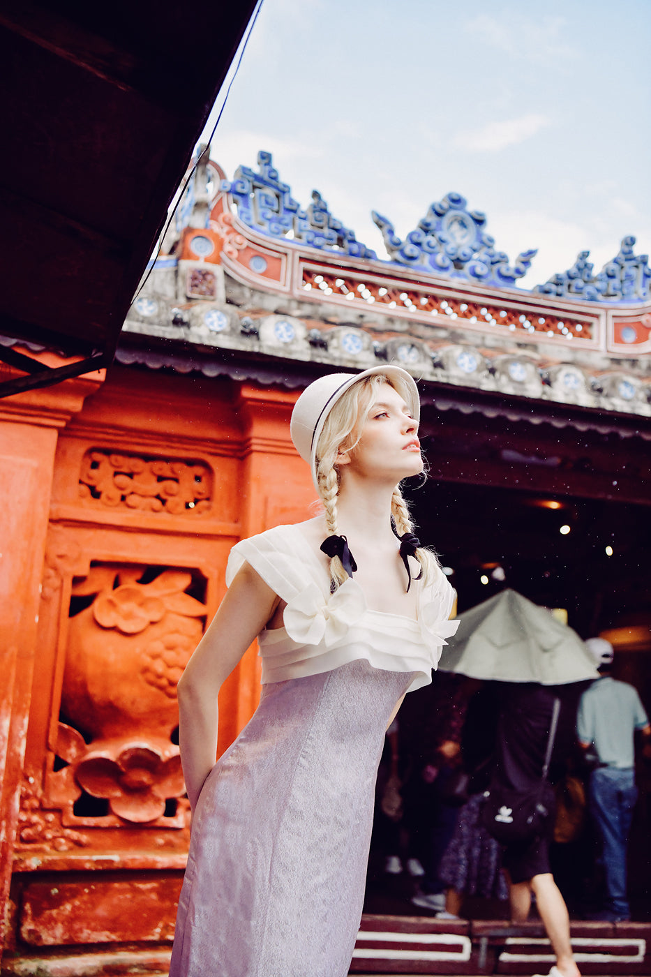 Roseline Heritage Mulberry Silk Midi Dress with Structured Silk Organza Details