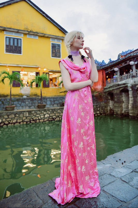 Bloom Heritage Silk Floor-Length Maxi Dress with Cowl Neck