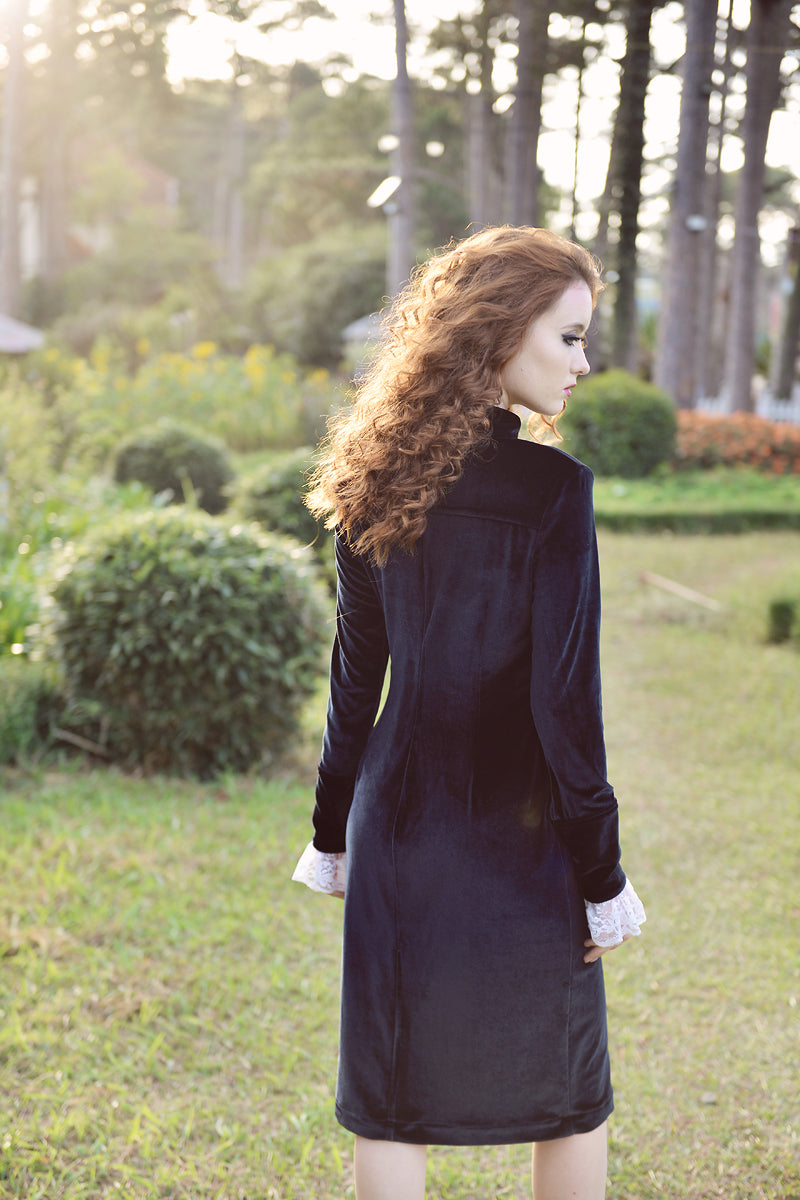 Black Dress Midi - Women Velvet Dress - Mid-Calf Formal Dress