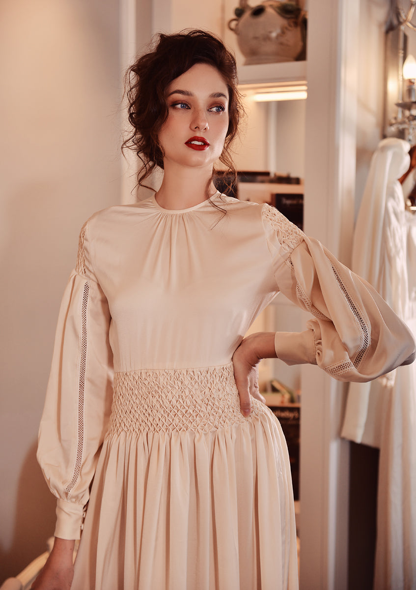 Silk Dressing Gown - Silk Dress Women - Hand Pleat Dress - Smocking Dress