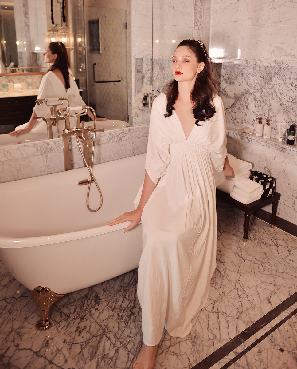 Linen Dress Gathered - White Linen Dress - Maxi White Dress