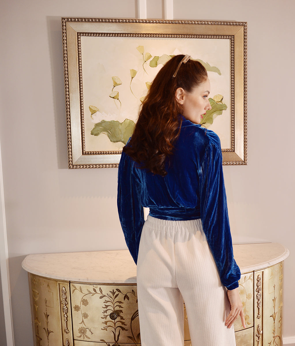 Wrap Top Velvet - Blue Wrap Top - Women Wrap Top Long Sleeve - Croptop