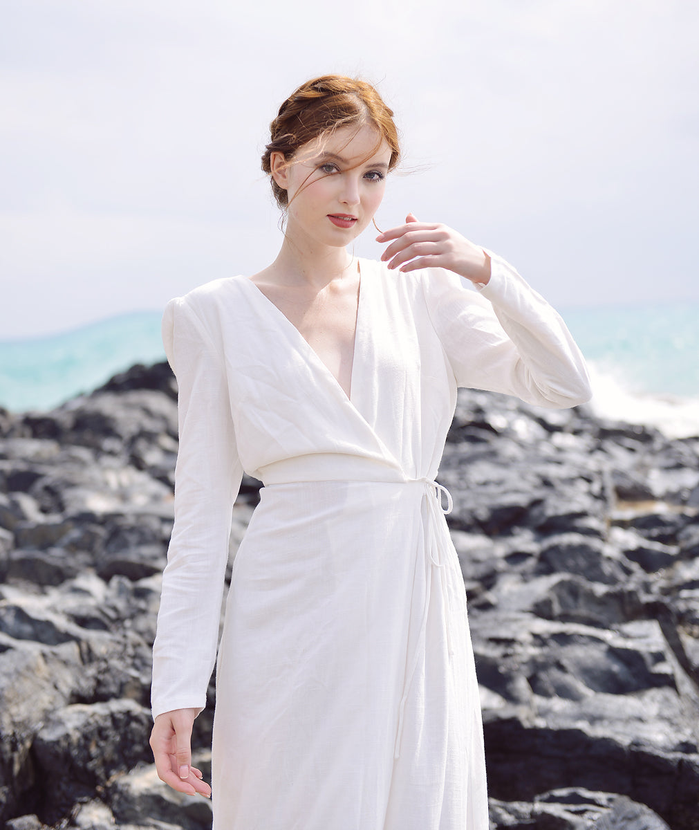 Linen Dress Wrap - White Linen Dress - Long Sleeve - Women Cotton Linen Dress - Organic Cotton Long Dress